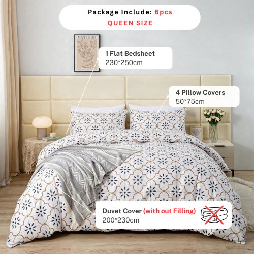 Queen size 6 piece duvet cover set modern tile print bedding set white. - BusDeals