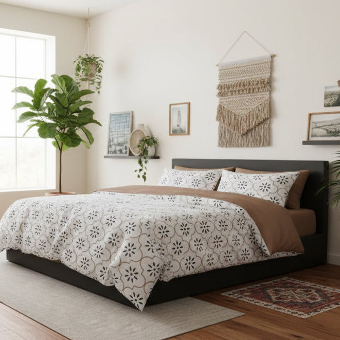 Queen size 6 piece duvet cover set modern tile print bedding set white. - BusDeals