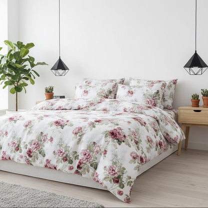 Queen size 6 - piece duvet cover set rose print with green leaves. - BusDeals