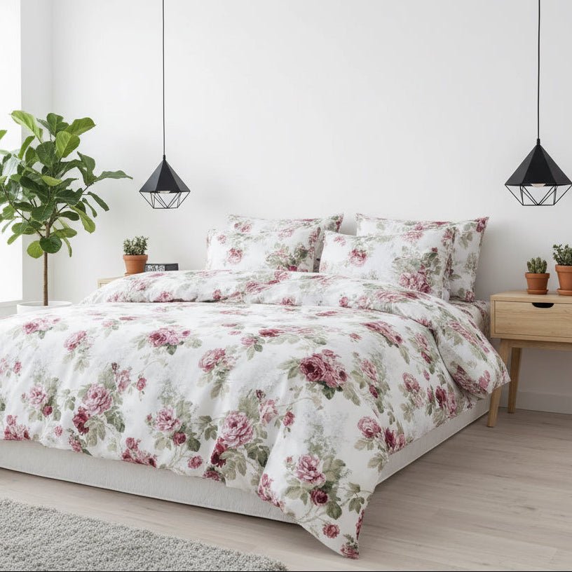 Queen size 6 - piece duvet cover set rose print with green leaves. - BusDeals