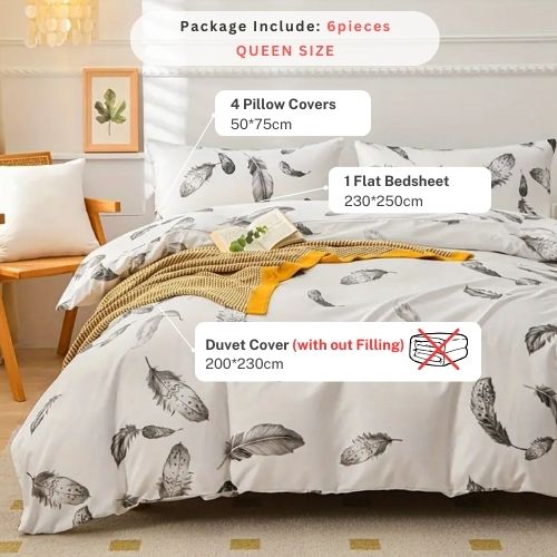 Queen size 6 piece duvet cover set, white bed linen with gray feathers. - BusDeals