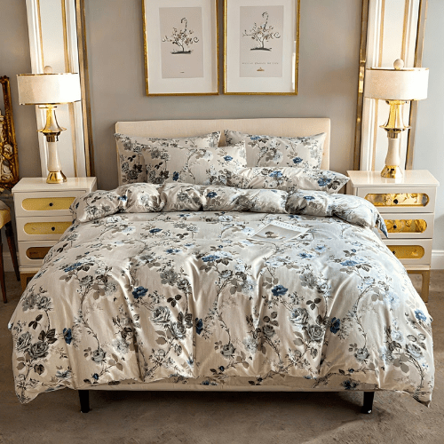 Queen size 6 - piece duvet cover set with blue roses. - BusDeals