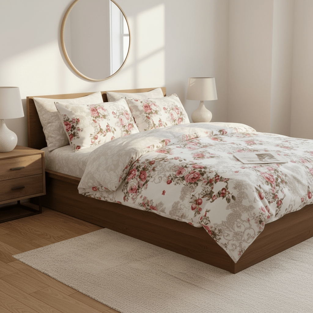 Queen size 6 - piece duvet cover set with Burgundy roses, reversible style. - BusDeals