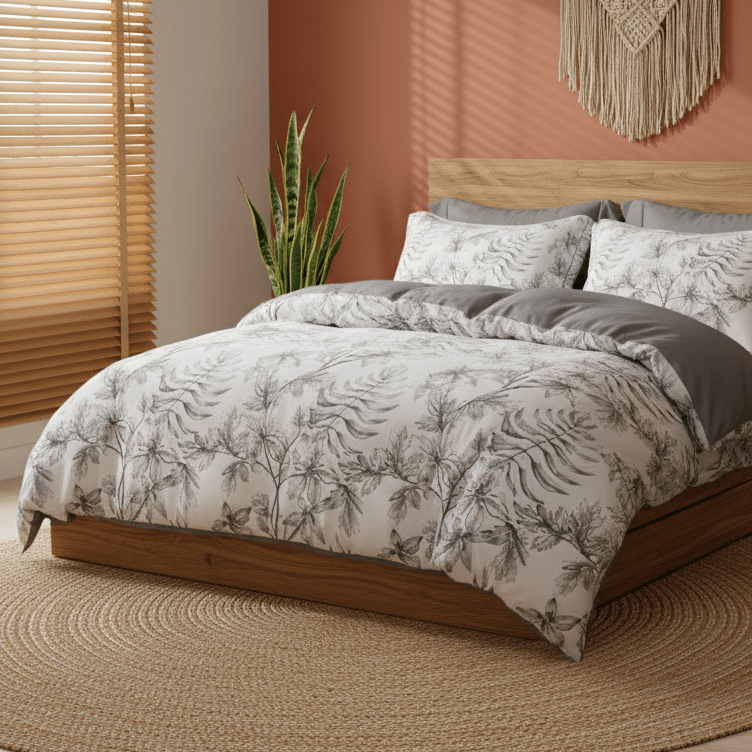 Queen size 6 piece duvet cover set with gray leaf pattern, very soft quality. - BusDeals