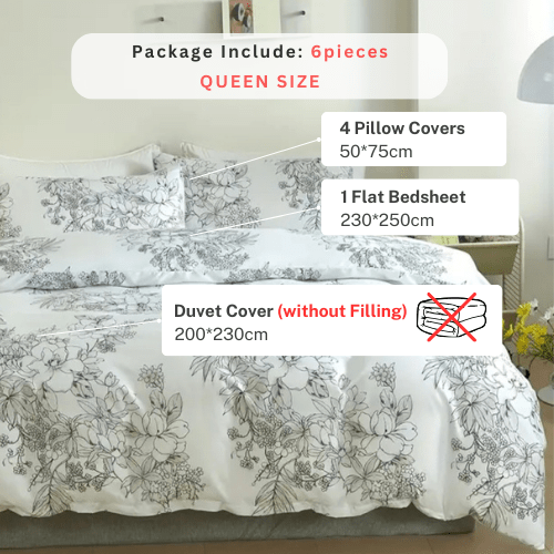 Queen size 6 piece floral bedding set in black and white vintage style. - BusDeals