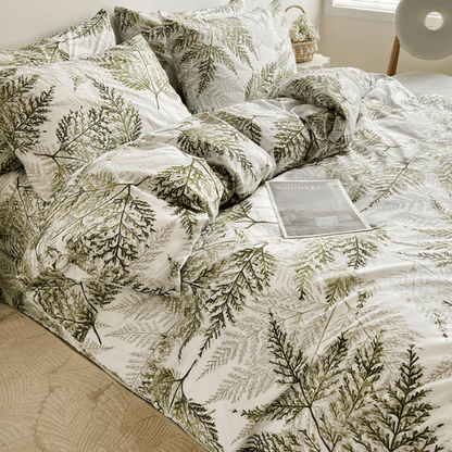 Queen size 6 - piece modern duvet cover set with green leaf pattern. - BusDeals