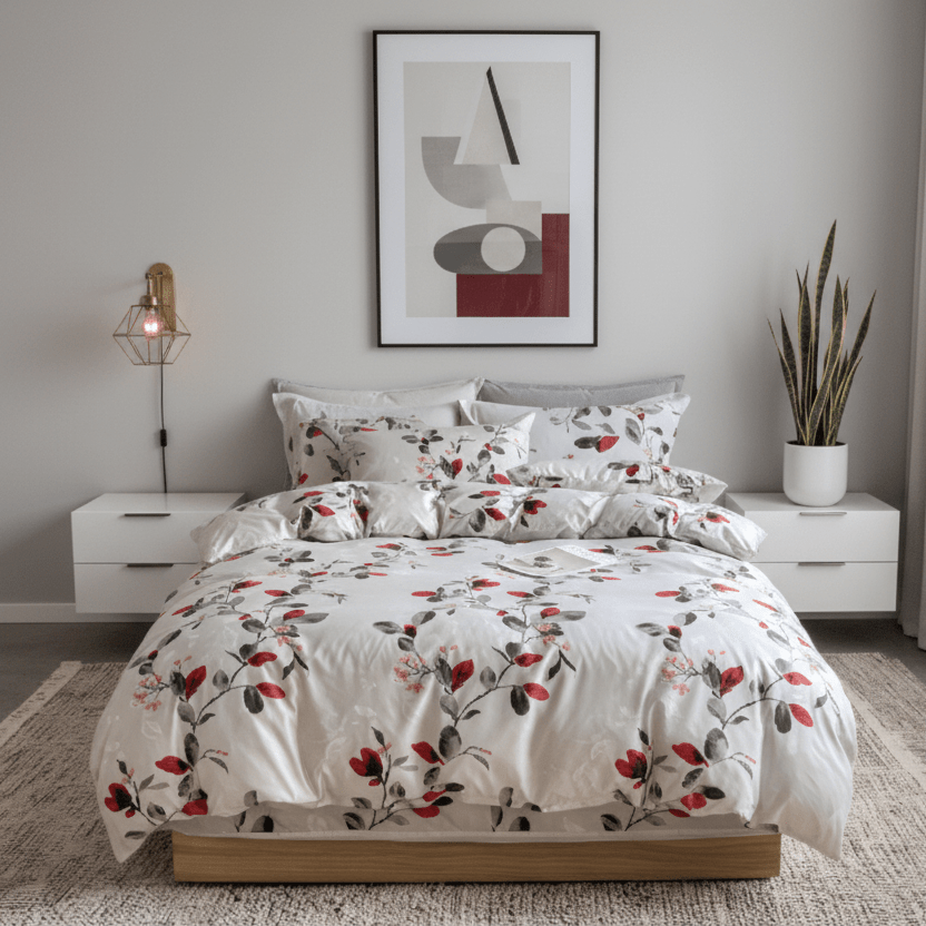 Queen size 6 - piece modern duvet cover set with red leaf. - BusDeals