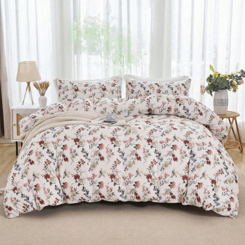 Queen size 6 - piece trendy red floral duvet cover set, white color. - BusDeals