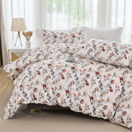 Queen size 6 - piece trendy red floral duvet cover set, white color. - BusDeals