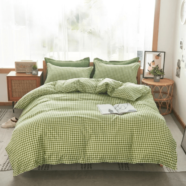 Queen size 6 pieces, Avocado Green Color Checkered Design Bedding set. - BusDeals