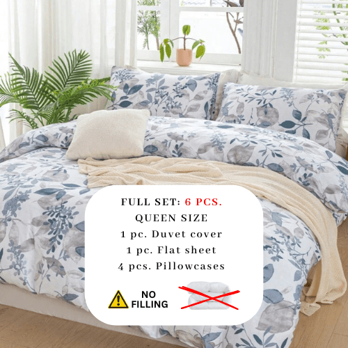 Queen size 6 pieces bedding set, grey and blue leaf floral pattern soft skin frendly duvet cover set. - BusDeals
