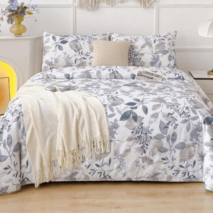 Queen size 6 pieces bedding set, grey and blue leaf floral pattern soft skin frendly duvet cover set. - BusDeals