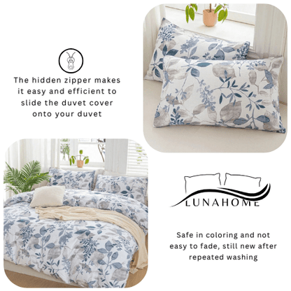 Queen size 6 pieces bedding set, grey and blue leaf floral pattern soft skin frendly duvet cover set. - BusDeals