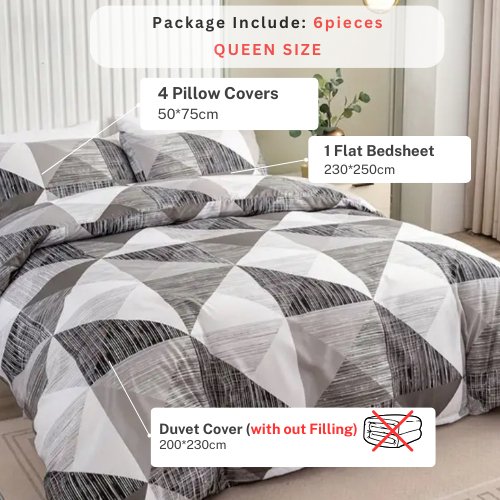 Queen size 6 pieces bedding set, Simply geometric dark brown print. - BusDeals