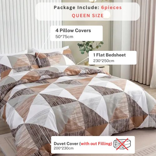 Queen size 6 pieces bedding set, Simply geometric print, brown with grey. - BusDeals