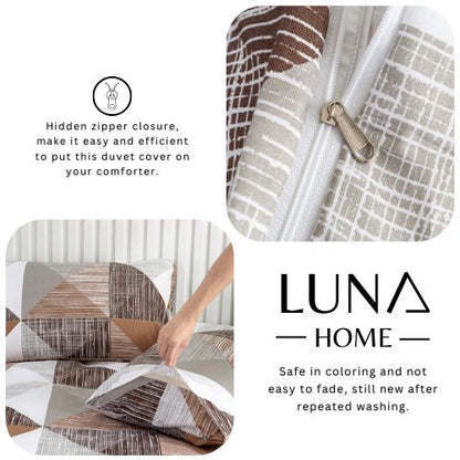 Queen size 6 pieces bedding set, Simply geometric print, brown with grey. - BusDeals