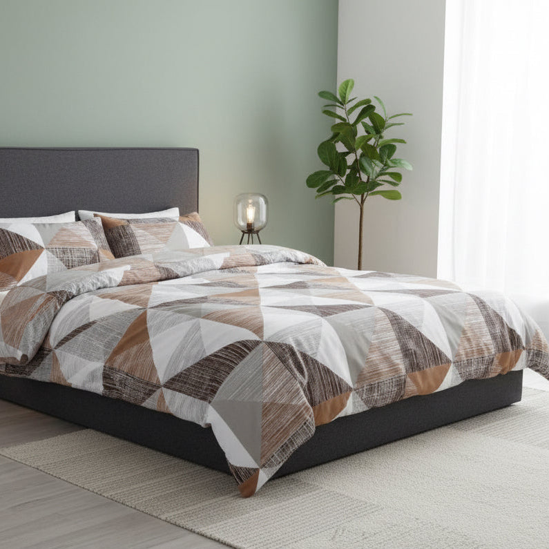 Queen size 6 pieces bedding set, Simply geometric print, brown with grey. - BusDeals