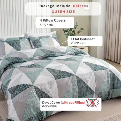 Queen size 6 pieces bedding set, Simply geometric print, green with grey. - BusDeals