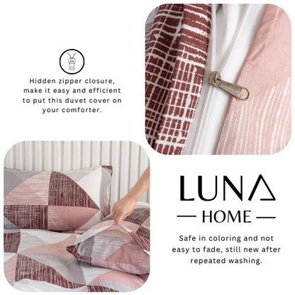 Queen size 6 pieces bedding set, Simply geometric print, old rose with grey. - BusDeals