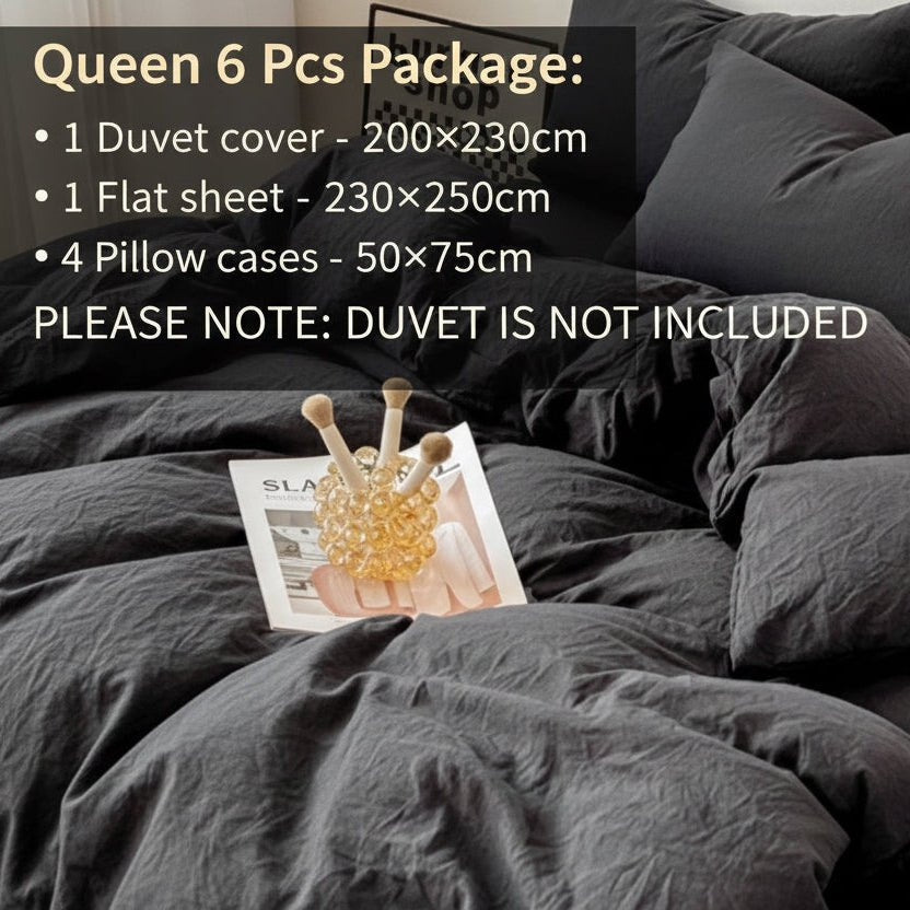 Queen size 6 Pieces bedding Set, Soft Wrinkles fabric Washable Cotton, Black Color. - BusDeals