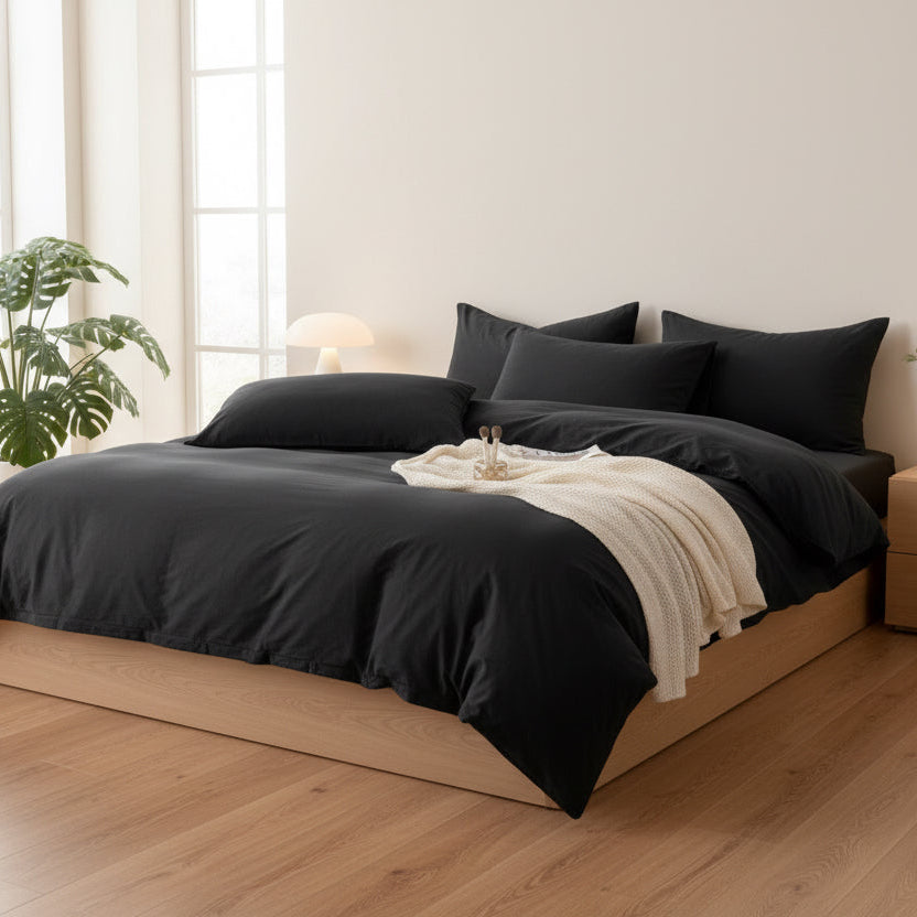 Buy Queen/ Double Size Black Washable Cotton Rich Plain Duvet Cover and Pillowcase Set from BusDeals United Arab Emirates only 129 AED