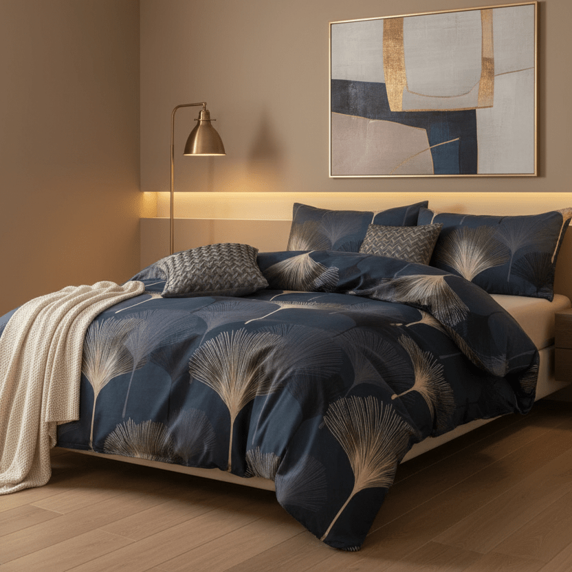 Queen size 6 pieces Bedding Set without filling , Dark Blue Elegant Leaf Design. - BusDeals