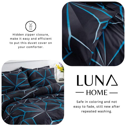 Queen size 6 pieces, Black with Blue Geometric Design Duvet cover set. - BusDeals