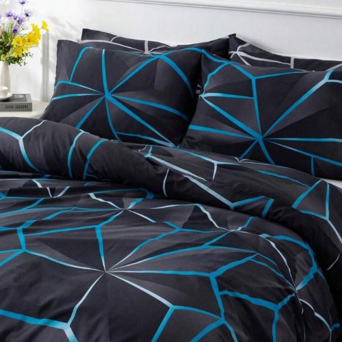 Queen size 6 pieces, Black with Blue Geometric Design Duvet cover set. - BusDeals