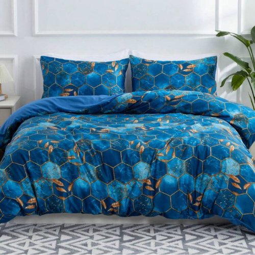 Queen size 6 pieces, Blue Marble Design Bedding set. - BusDeals