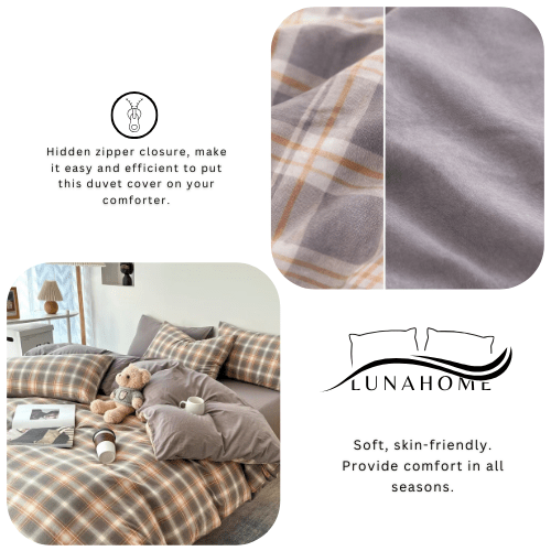 Queen Size 6 Pieces complete, Brown Checkered Design Bedding set. - BusDeals