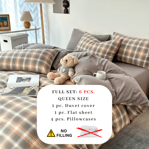 Queen Size 6 Pieces complete, Brown Checkered Design Bedding set. - BusDeals