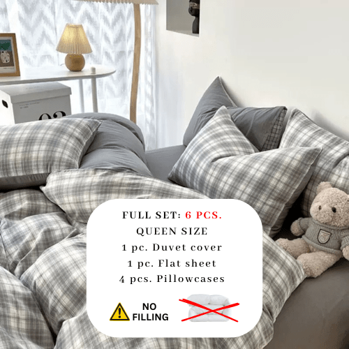 Queen Size 6 Pieces complete, Grey Checkered Design Bedding set. - BusDeals