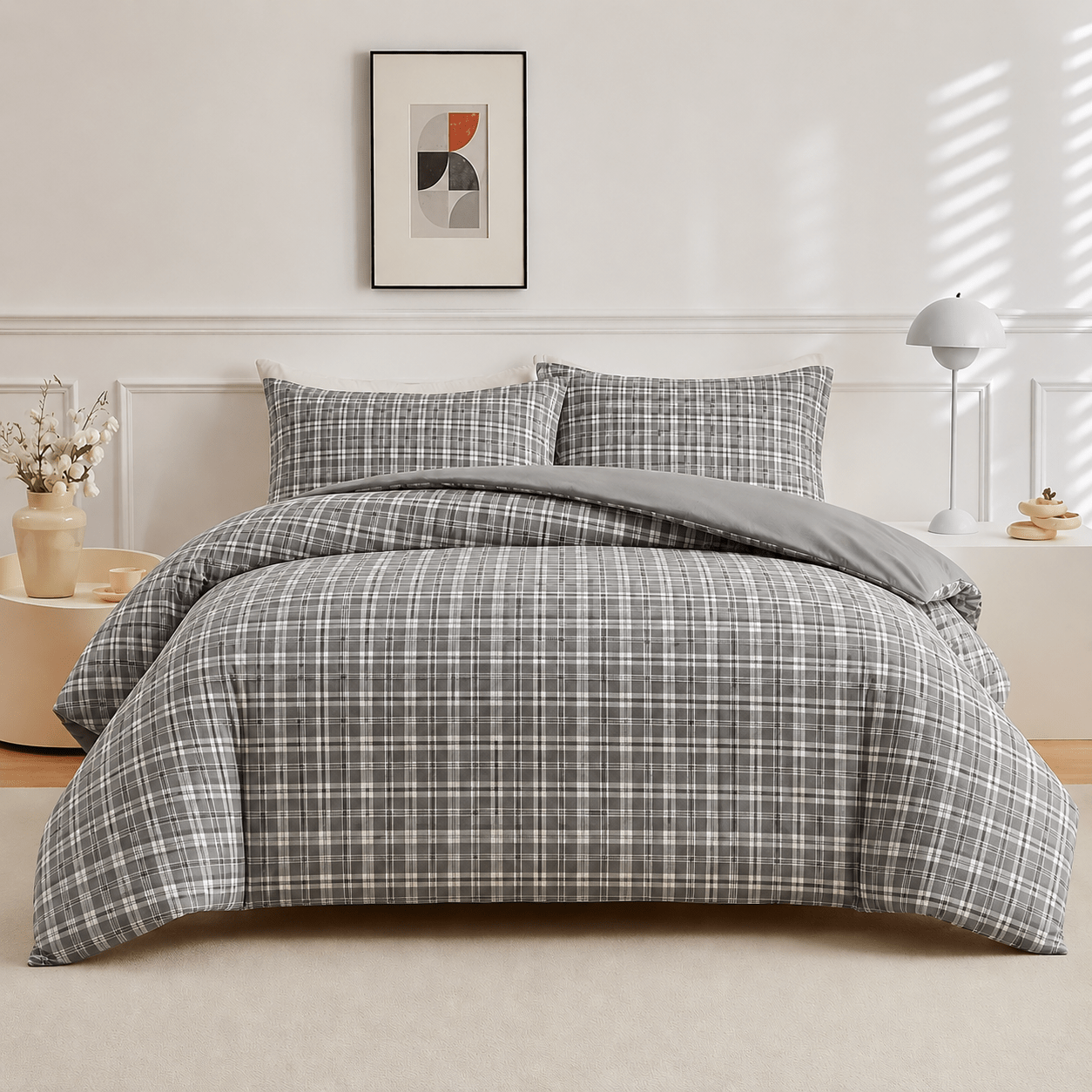 Queen Size 6 Pieces complete, Grey Checkered Design Bedding set. - BusDeals