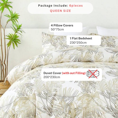 Queen size 6 pieces, duvet cover set, golden leaf design. - BusDeals