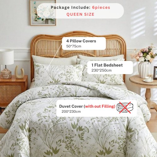 Queen size 6 pieces, duvet cover set, green plant leaf design. - BusDeals