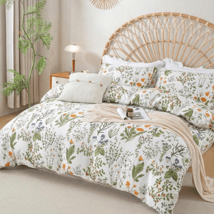 Queen size 6 pieces duvet cover set, plant pattern with yellow floral design. - BusDeals