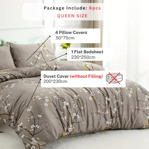 Queen size 6 pieces, duvet cover set, plum blossom branch flower design. - BusDeals