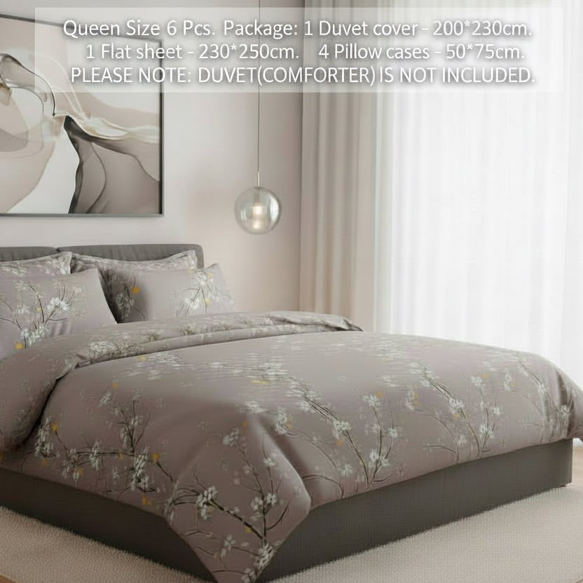 Queen size 6 pieces, duvet cover set, plum blossom branch flower design. - BusDeals