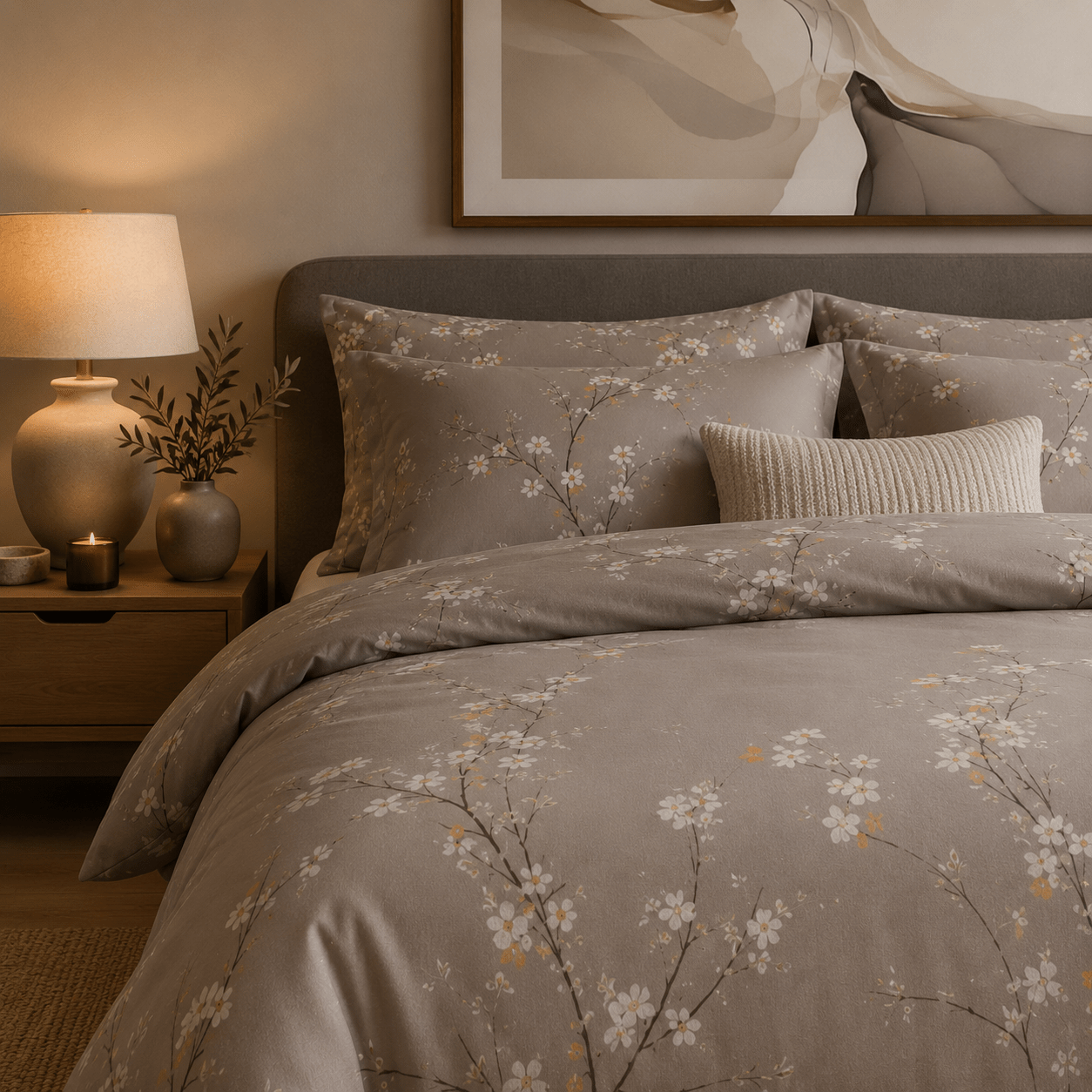 Queen size 6 pieces, duvet cover set, plum blossom branch flower design. - BusDeals