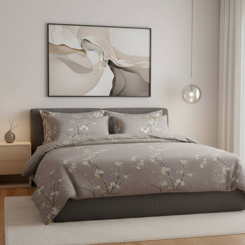 Queen size 6 pieces, duvet cover set, plum blossom branch flower design. - BusDeals