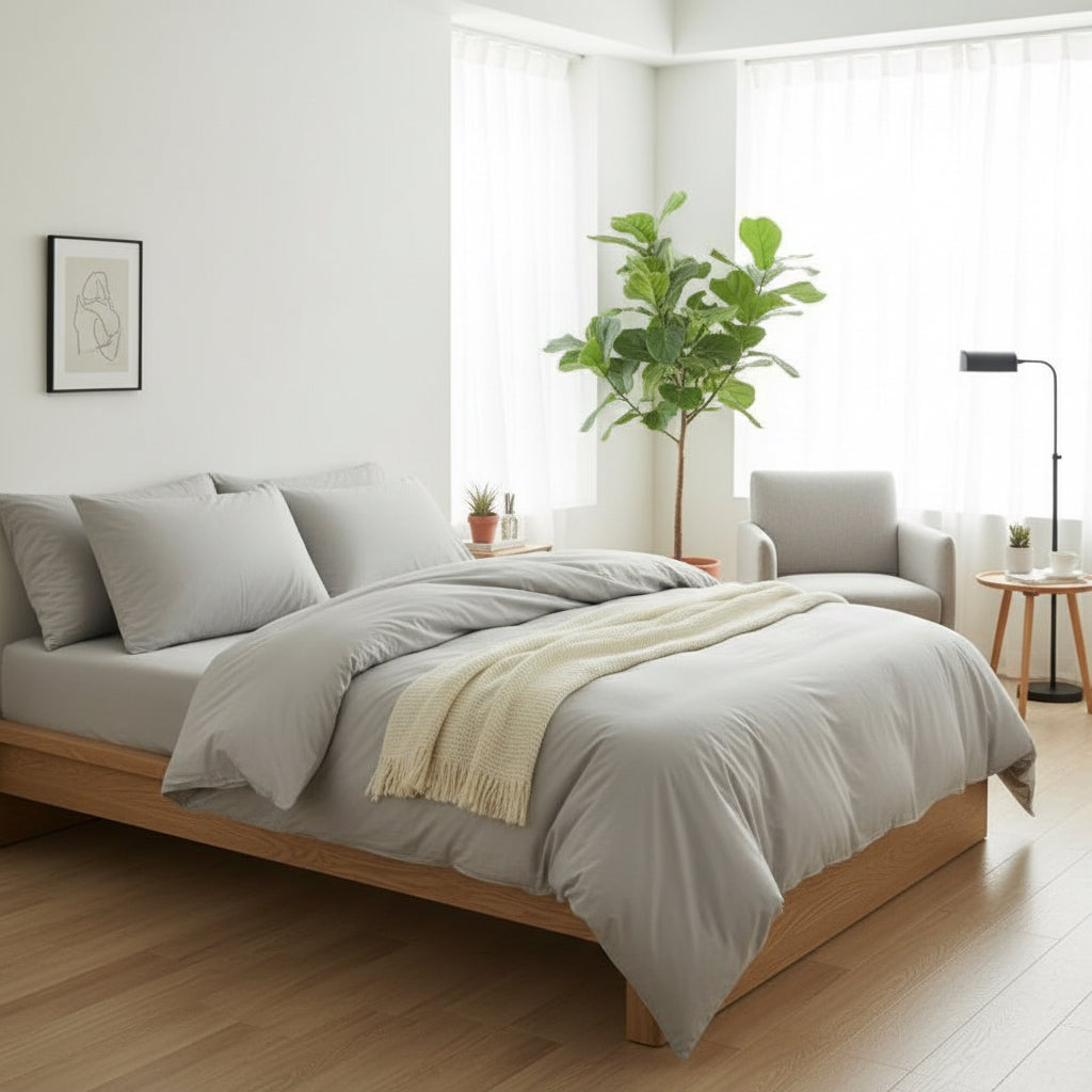 Queen Size 6 Pieces Duvet cover set, Soft Wrinkles fabric Washable Cotton, Light Gray Color - BusDeals
