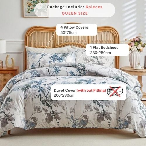 Queen size, 6 pieces, duvet cover set, tree with blue and grey leaves. - BusDeals