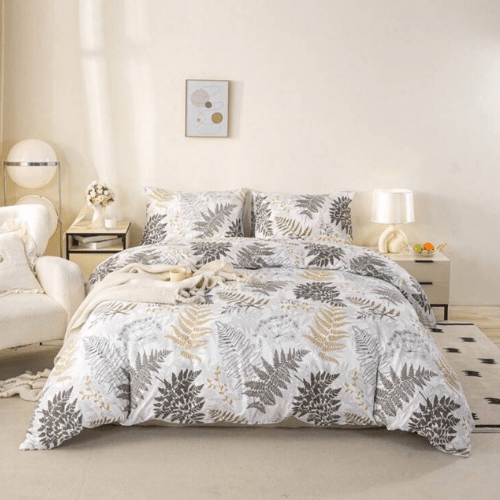 Queen size 6 pieces duvet cover set with brown leaf pattern. - BusDeals