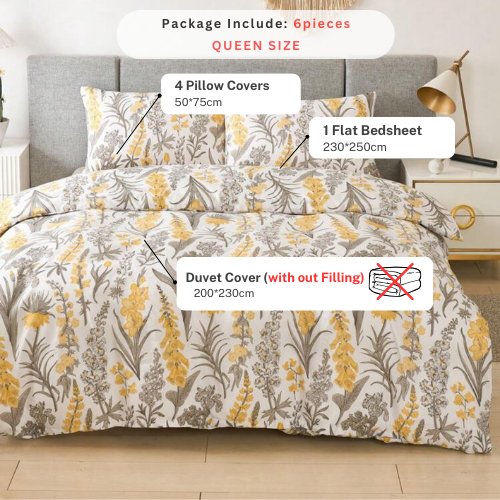 Queen size 6 pieces, duvet cover set, yellow flowers design. - BusDeals