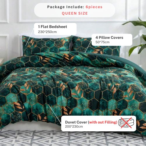 Queen size 6 pieces, Green Marble Design Bedding set. - BusDeals