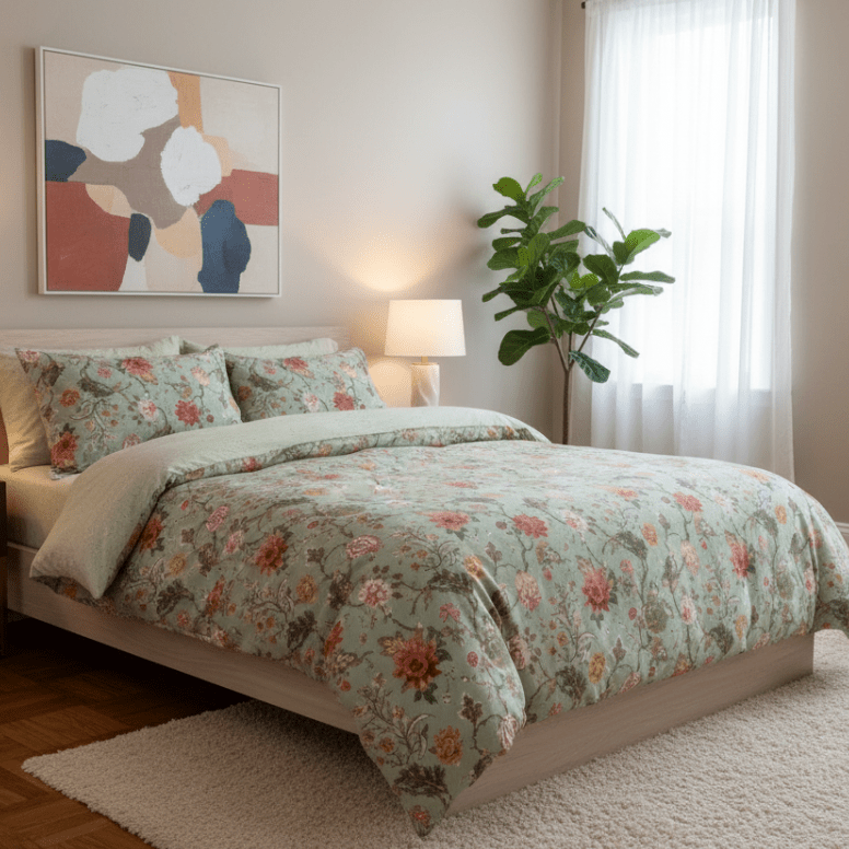 Queen Size 6 Pieces, Reversible Style Duvet Cover Set, Roses Design with Dark Khaki Color. - BusDeals