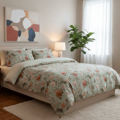 Queen Size 6 Pieces, Reversible Style Duvet Cover Set, Roses Design with Dark Khaki Color. - BusDeals