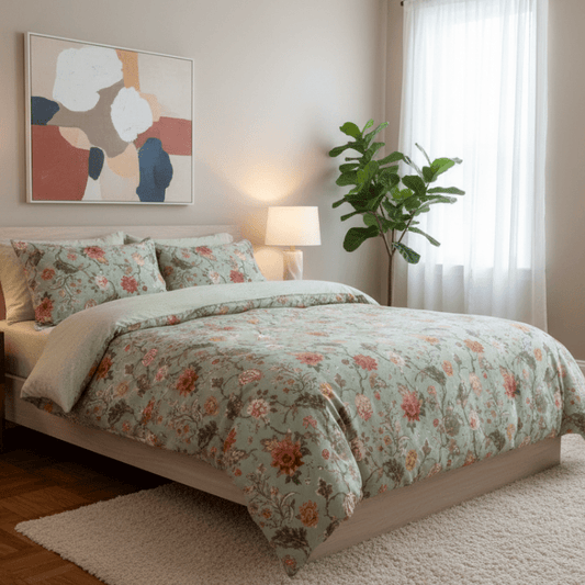 Queen Size 6 Pieces, Reversible Style Duvet Cover Set, Roses Design with Dark Khaki Color. - BusDeals