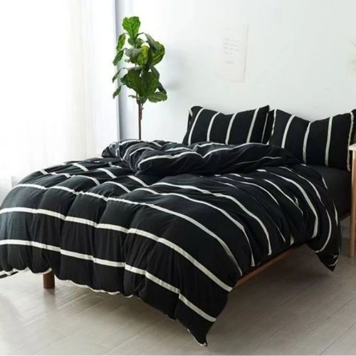 Queen size 6 pieces,non-reversible bedding set, black and white stripe design with black bedsheet - BusDeals