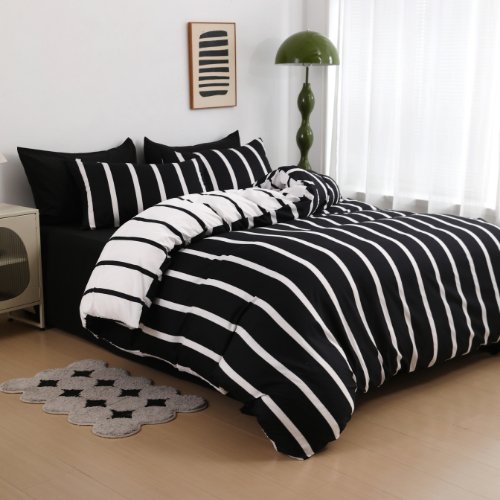 Queen size 6 pieces,Reversible Bedding Set, black and white stripe design with black bedsheet - BusDeals